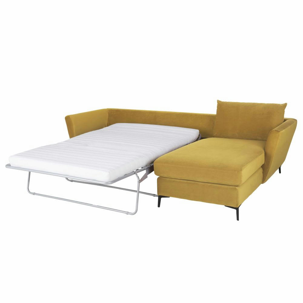 Prague - Canapé d'angle droit convertible 2/3 places en velours jaune moutarde, matelas 10 cm