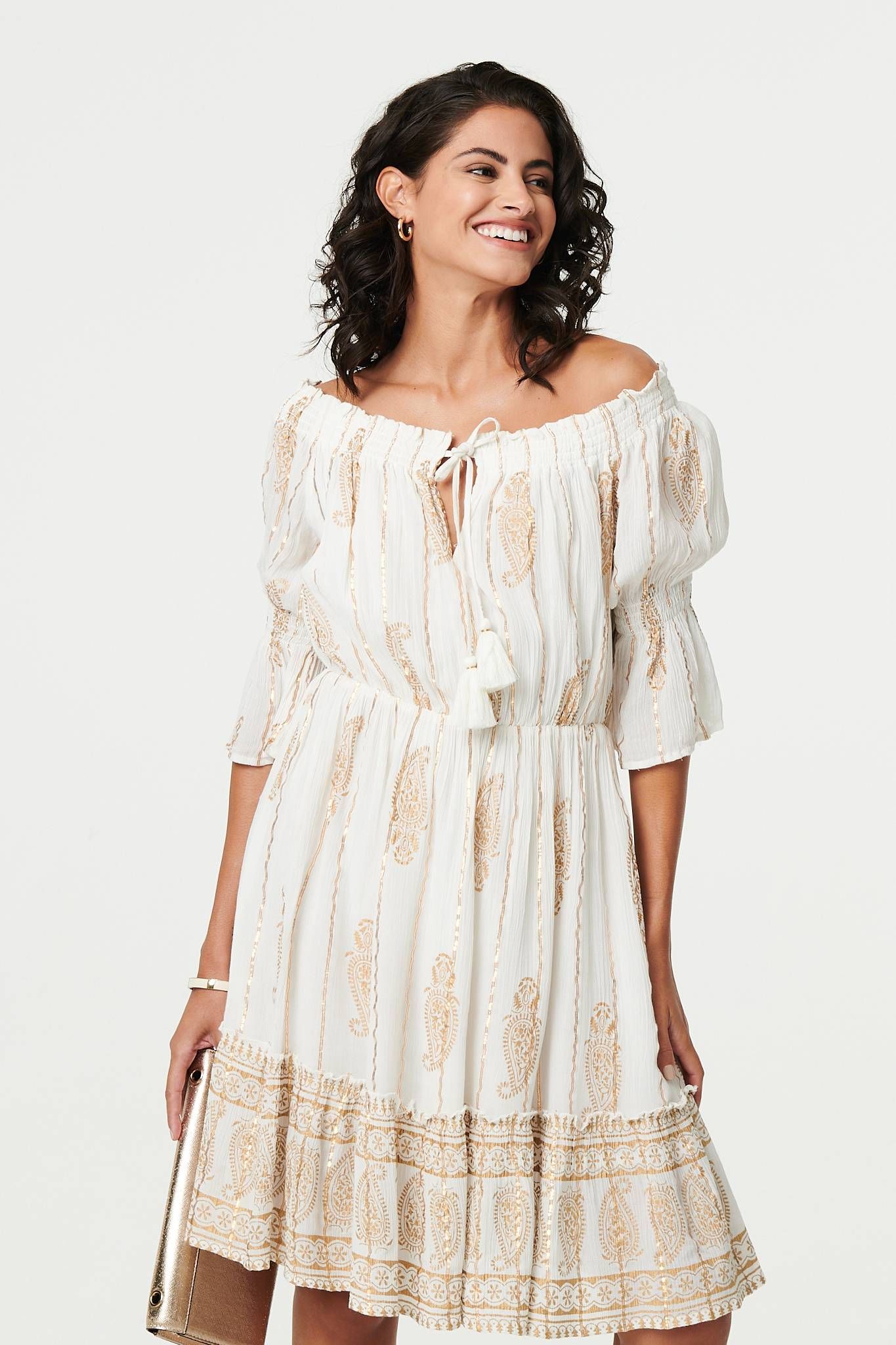 Izabel London Ikat Print Knee Length Bardot Dress
