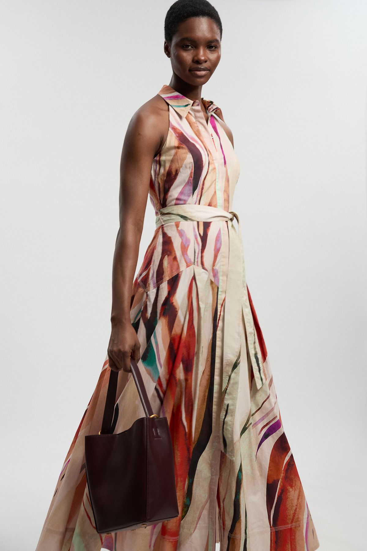 KarenMillen Petite Marble Print Cotton Collared Halterneck Woven Midi Shirt Dress With Dropped Waist Detail