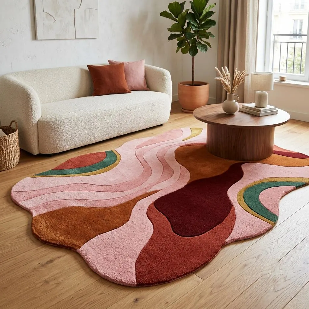 Pink Abstract Hand Tufted Wool Rug, Modern Organic Shape Carpet, 100% New Zealand Wool