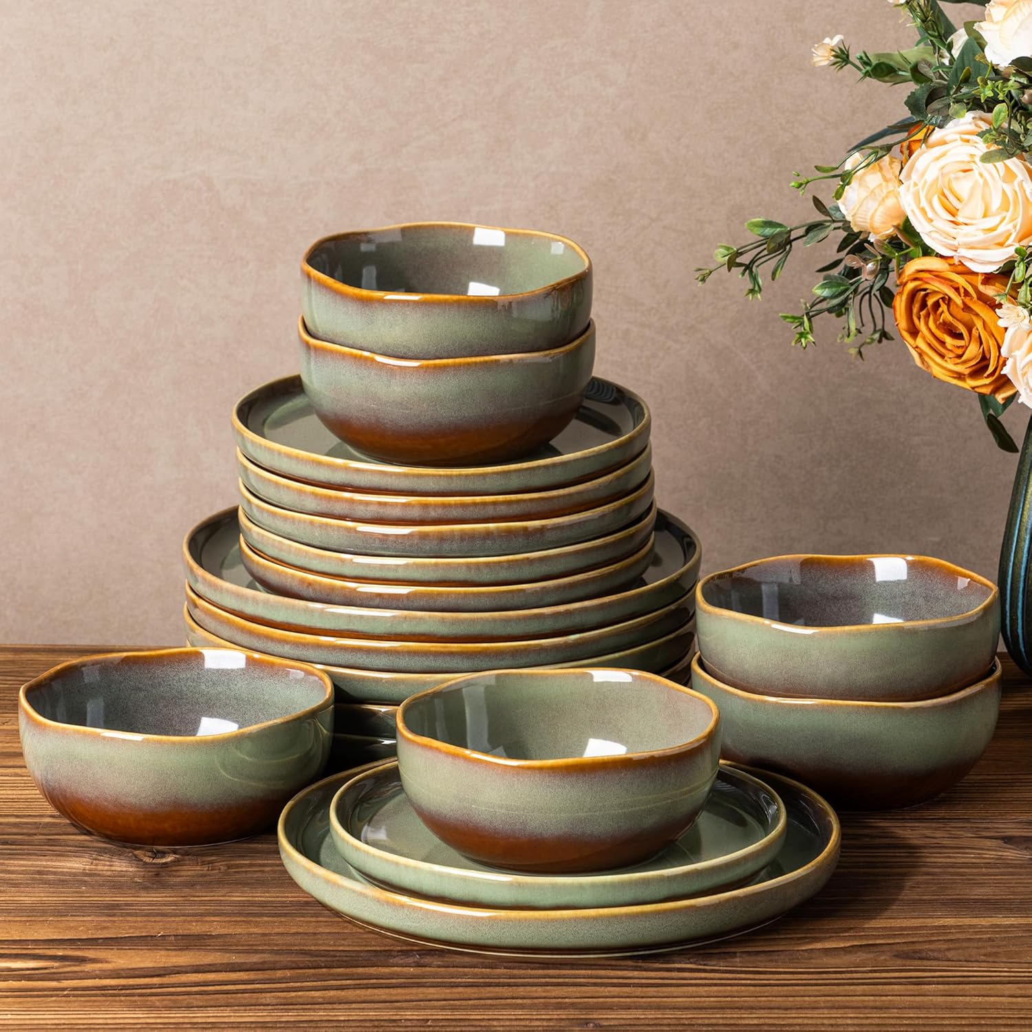 TheTerra Ceramic Dinnerware Sets for 6, 18 Pieces Handmade Reactive Glaze Plates and Bowls Sets, Scratch Resistant Dish Set, Oven & Microwave & Dishwasher Safe, Brown Green