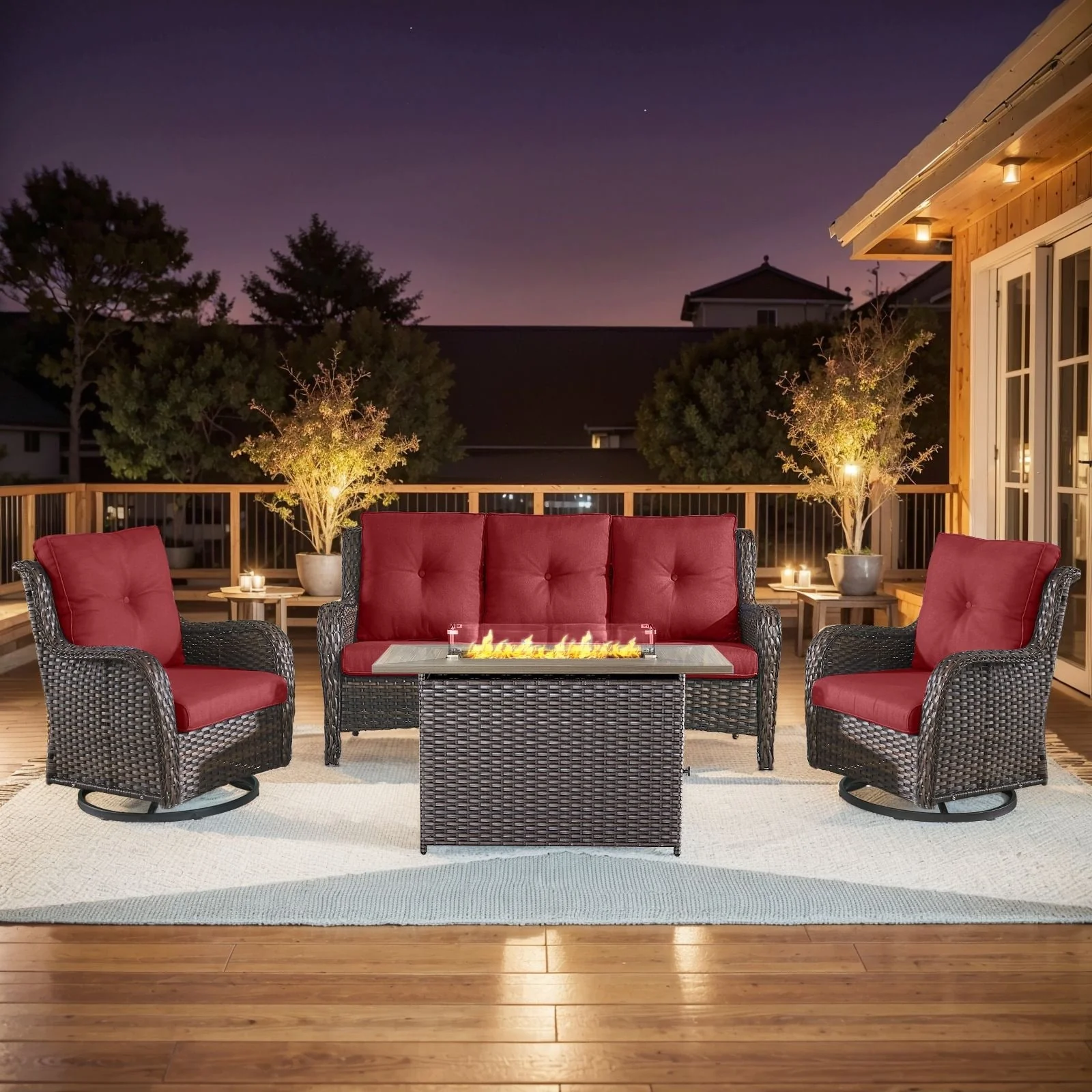 Gymojoy 4-Piece Outdoor Furniture Set, 2 Swivel Glider Chairs, 3-Seat Sofa & 55K BTU Fire Pit Table