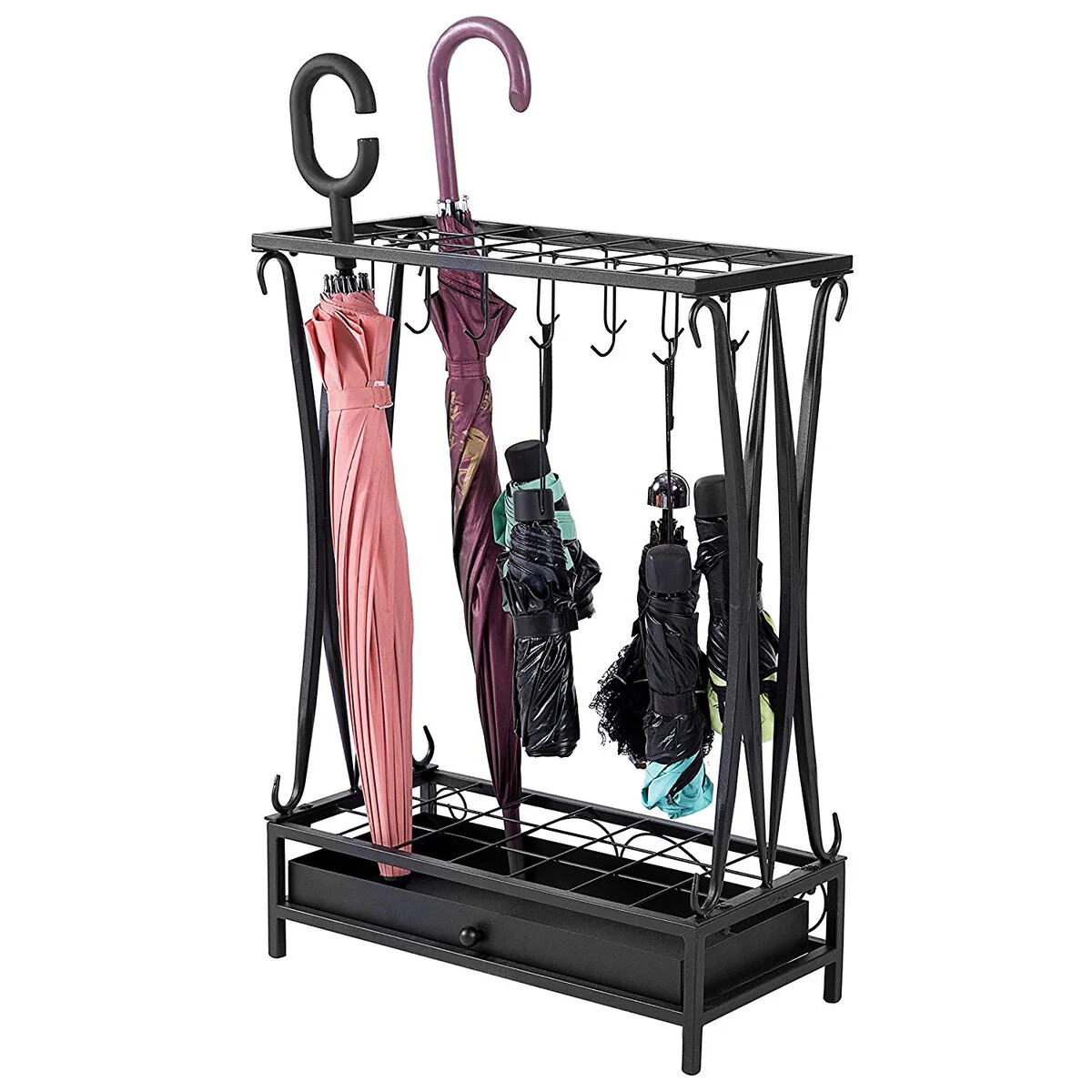 Metal Umbrella Stand Holder Storage Rack with Removable Base Drip Tray Black