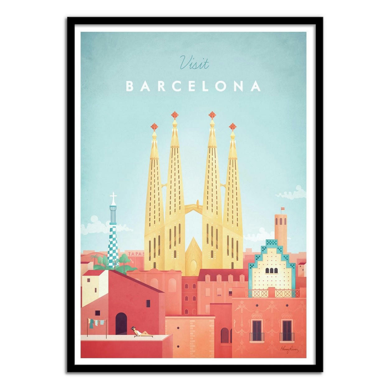HENRY RIVERS - VISIT BARCELONA - Affiche d'art avec Cadre bois noir - 30 x 40 cm