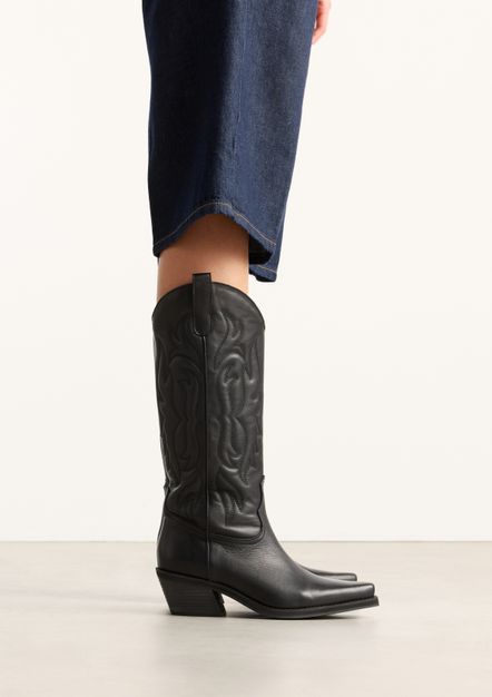 Zwarte leren cowboylaarzen met stiksels
