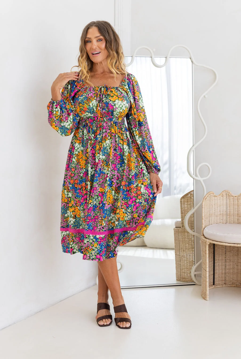 Long Sleeve Amberly Midi Dress in Flower Field Dawn