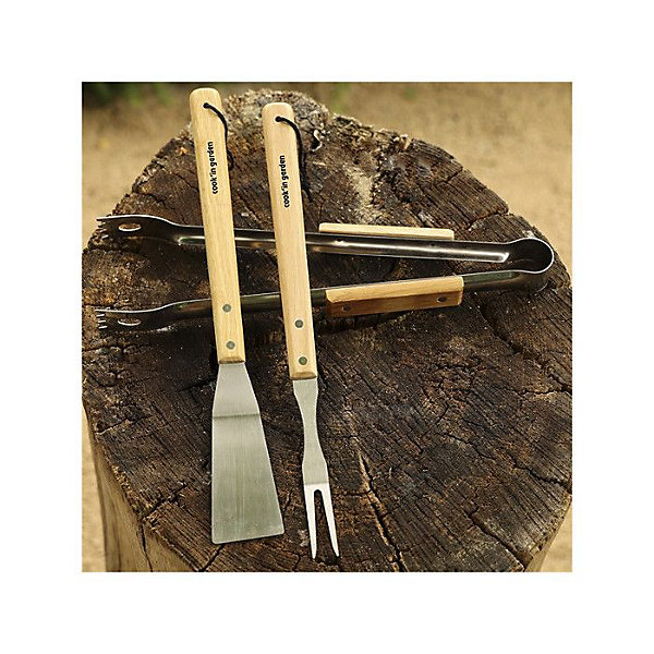 Kit 3 accessoires barbecue : pince   fourchette   spatule inox et bois Cook'In Garden