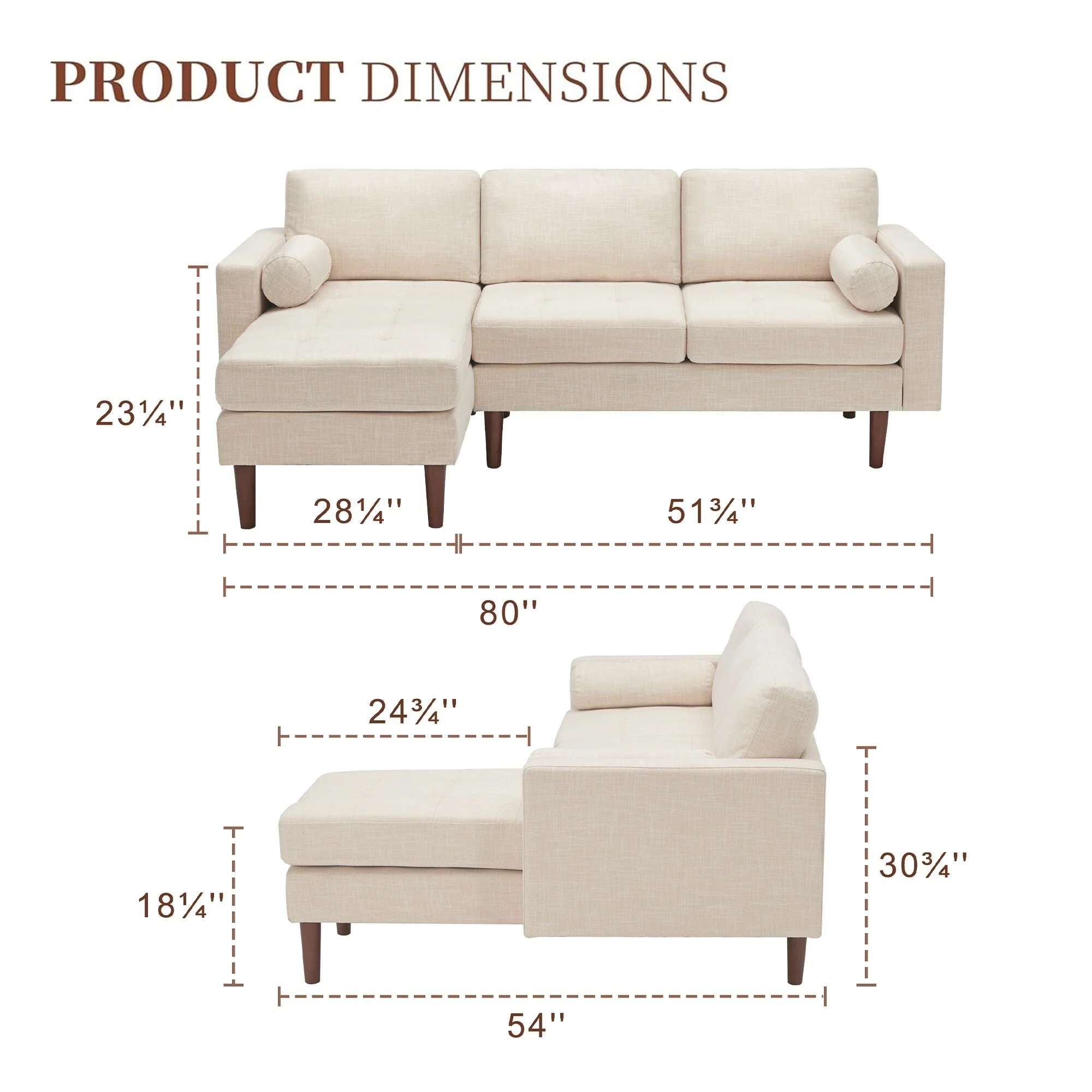 Beige 80'' Linen 3-Seater L-Shaped Sectional Sofa with Reversible Chaise, Tufted Seat Cushions, Sturdy Wooden Frame