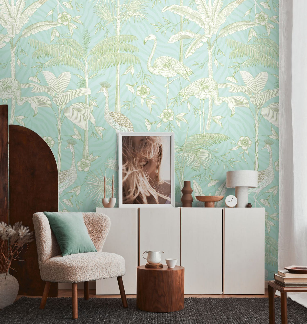 Livingwalls fotobehang dieren turquoise, wit en groen - 159 x 280 cm - AS-392061