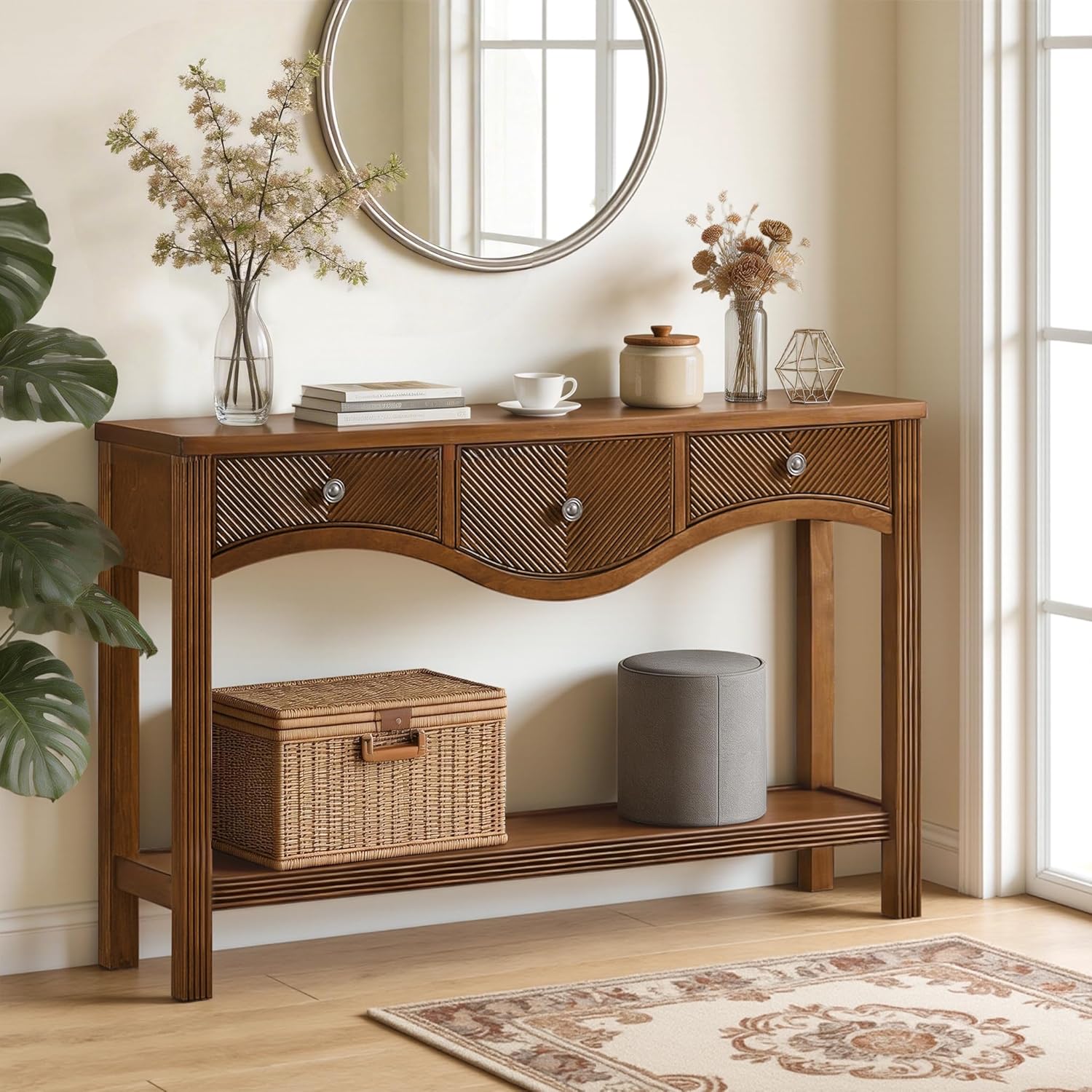 Fluted Console Table with 3 Drawers 52 Entryway Tables with Storage Sofa Table Behind the Couch Narrow Hallway Table Foyer Living Room Brown