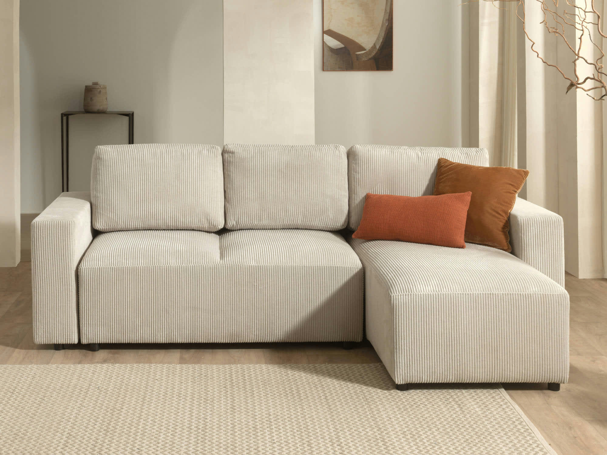 LIVY - Canapé d'angle droit convertible 4 places en velours côtelé beige