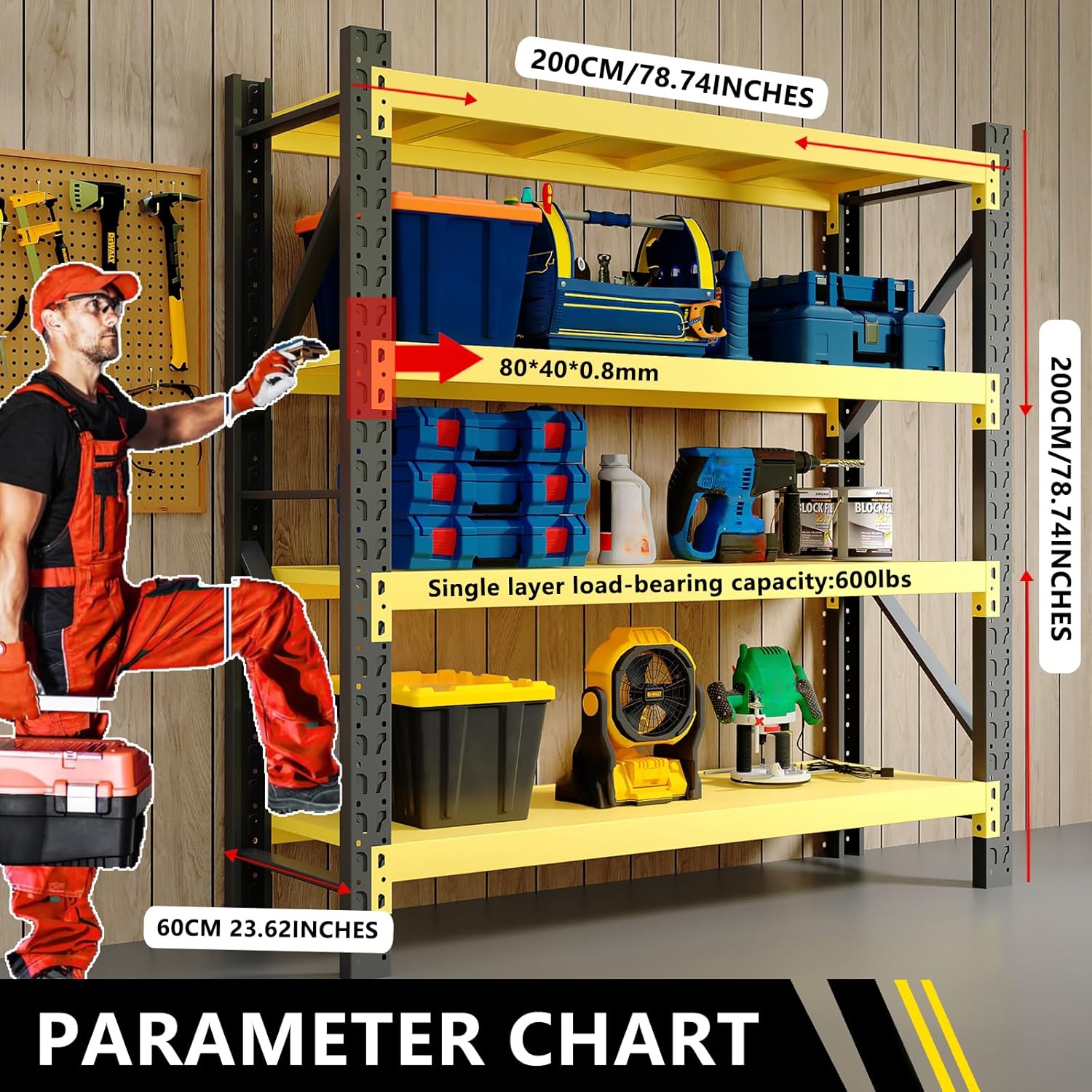 5000LBS Heavy Duty Storage Shelves, 78.74” W Adjustable Metal Garage Shelving Units, Industrial Shelving for Warehouse & Commercial Storage (Blue and Orange(Yellow and Black, W78.74*D23.62*H78.74)
