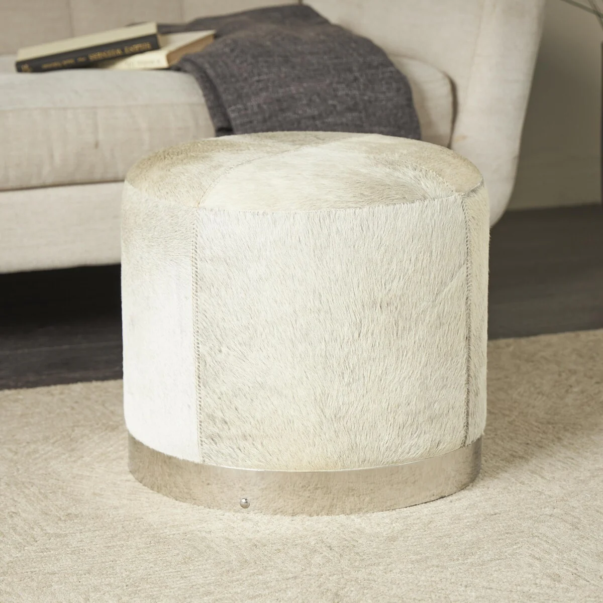Leather Patchwork Living Room Stool with Silver Metal Base - Gray - Roche River Decor