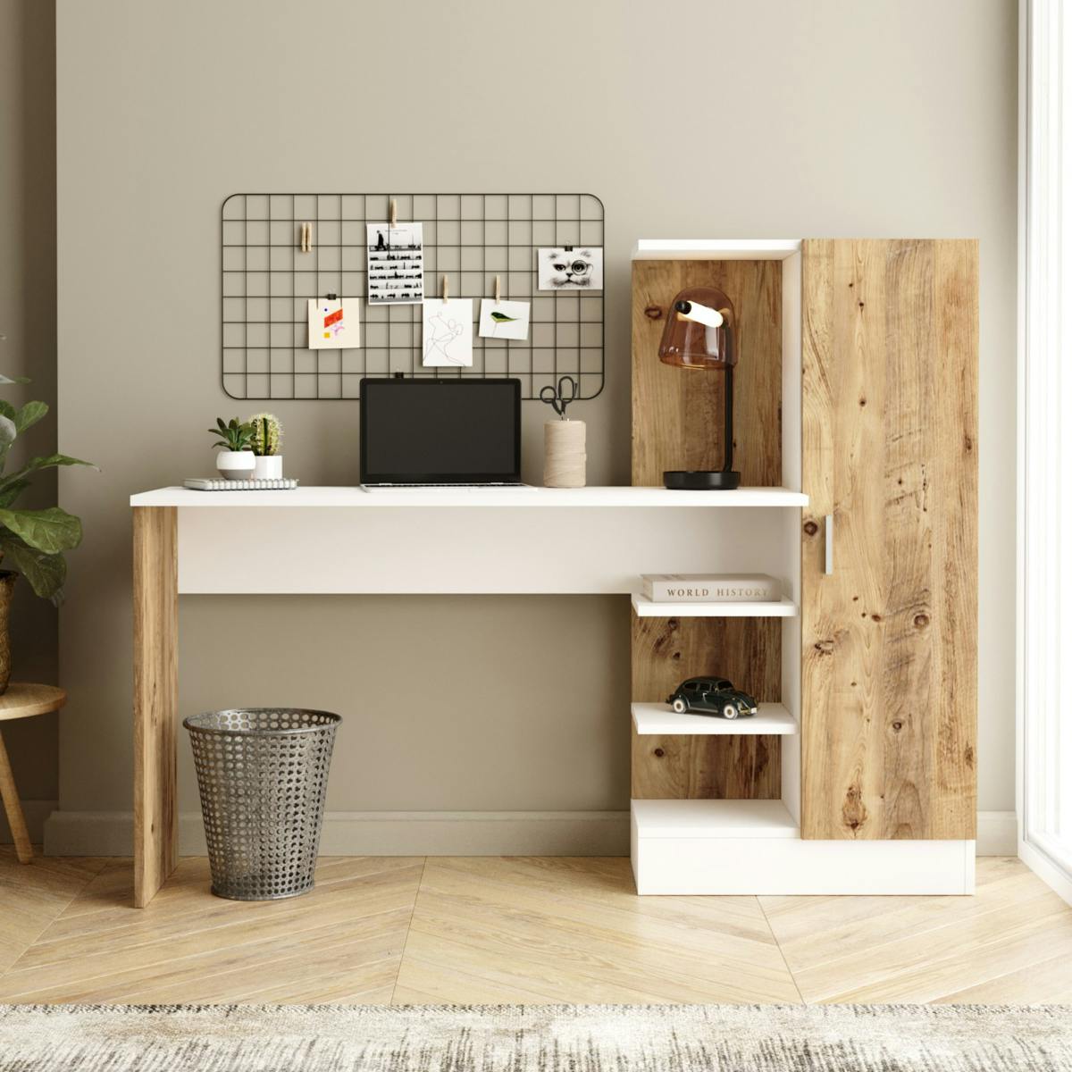 Bureau ado blanc décor bois avec rangement et étagères MARFA