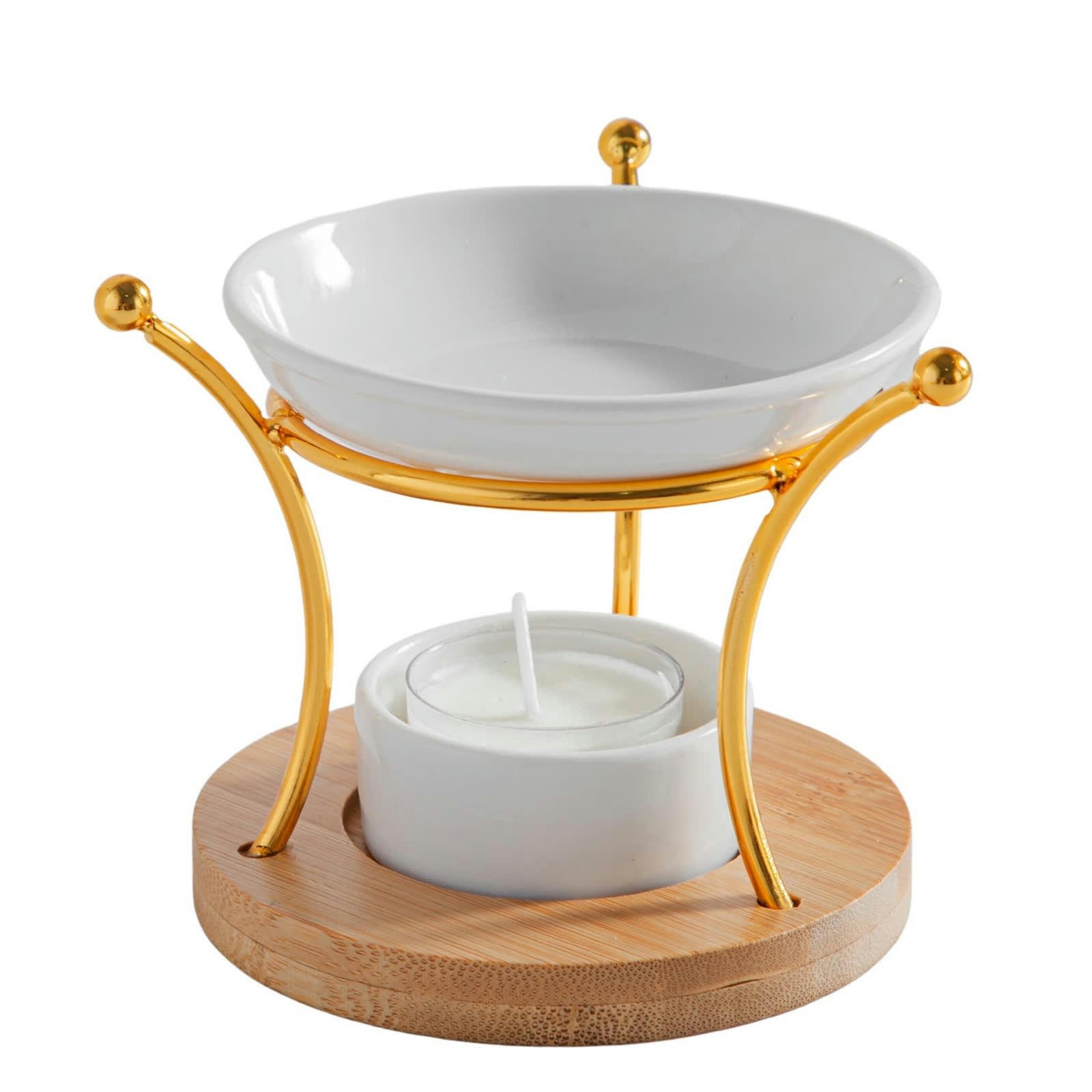 SIMPLICITY - Brûle parfum etna en métal, bambou et céramique blanche - H8,5cm