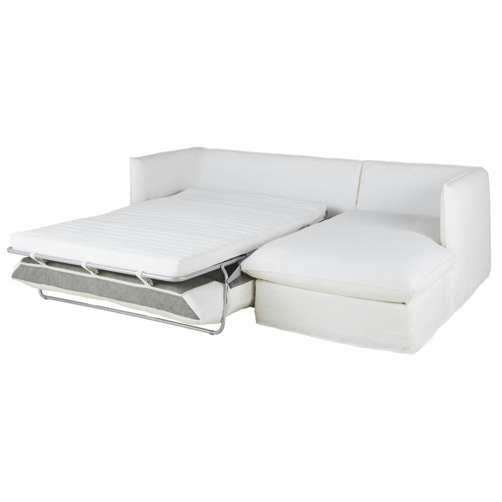 Louvain - Canapé d'angle droit convertible 3/4 places en lin froissé blanc, matelas 10 cm