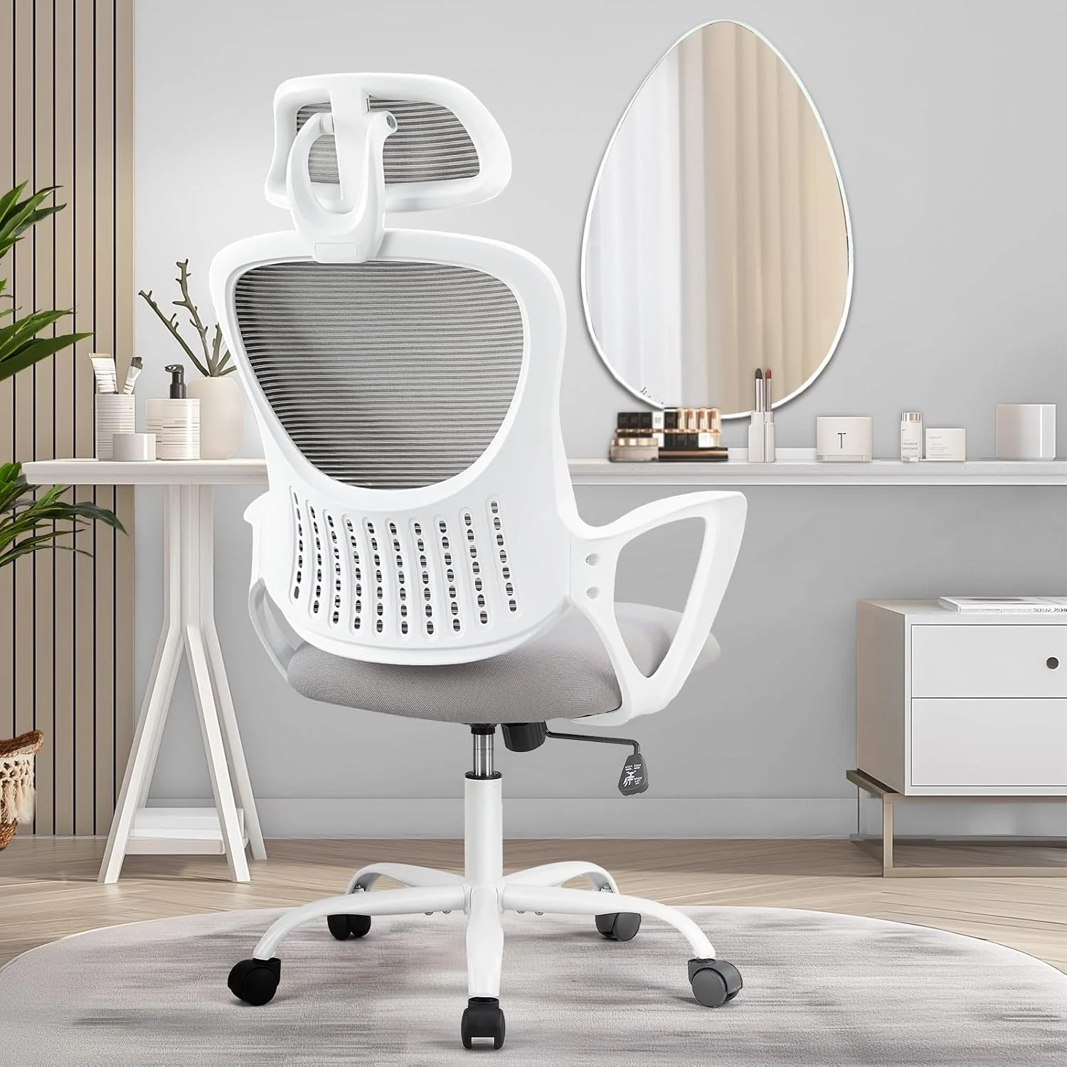 Ergonomic Office Chair, Comfy Computer Desk Chair Mesh High Back with Fixed Arms and Adjustable Headrest, Swivel RollingChair