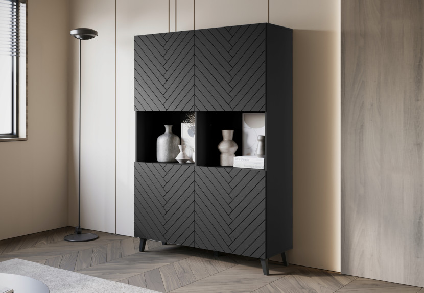 Nowoczesna wysoka komoda 160 nóżki, fronty MDF artisan/drobne białe ryfle