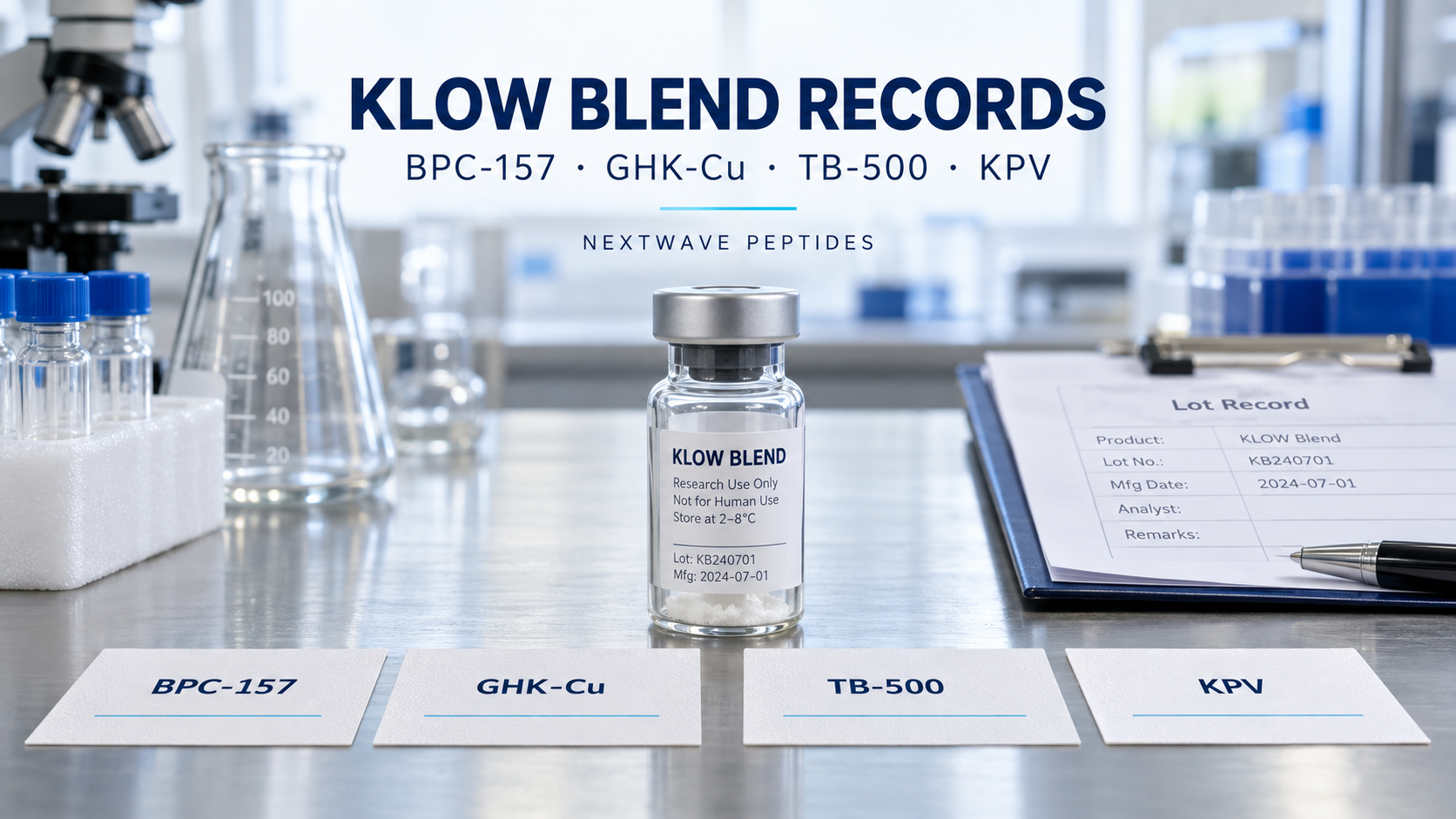 NextWave Peptides laboratory editorial cover for KLOW Blend Records: BPC-157, GHK-Cu, TB-500, and KPV.