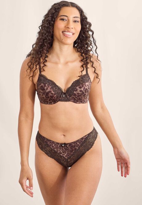 Womens Brown Animal Print Lace Trim Brazilian Brief