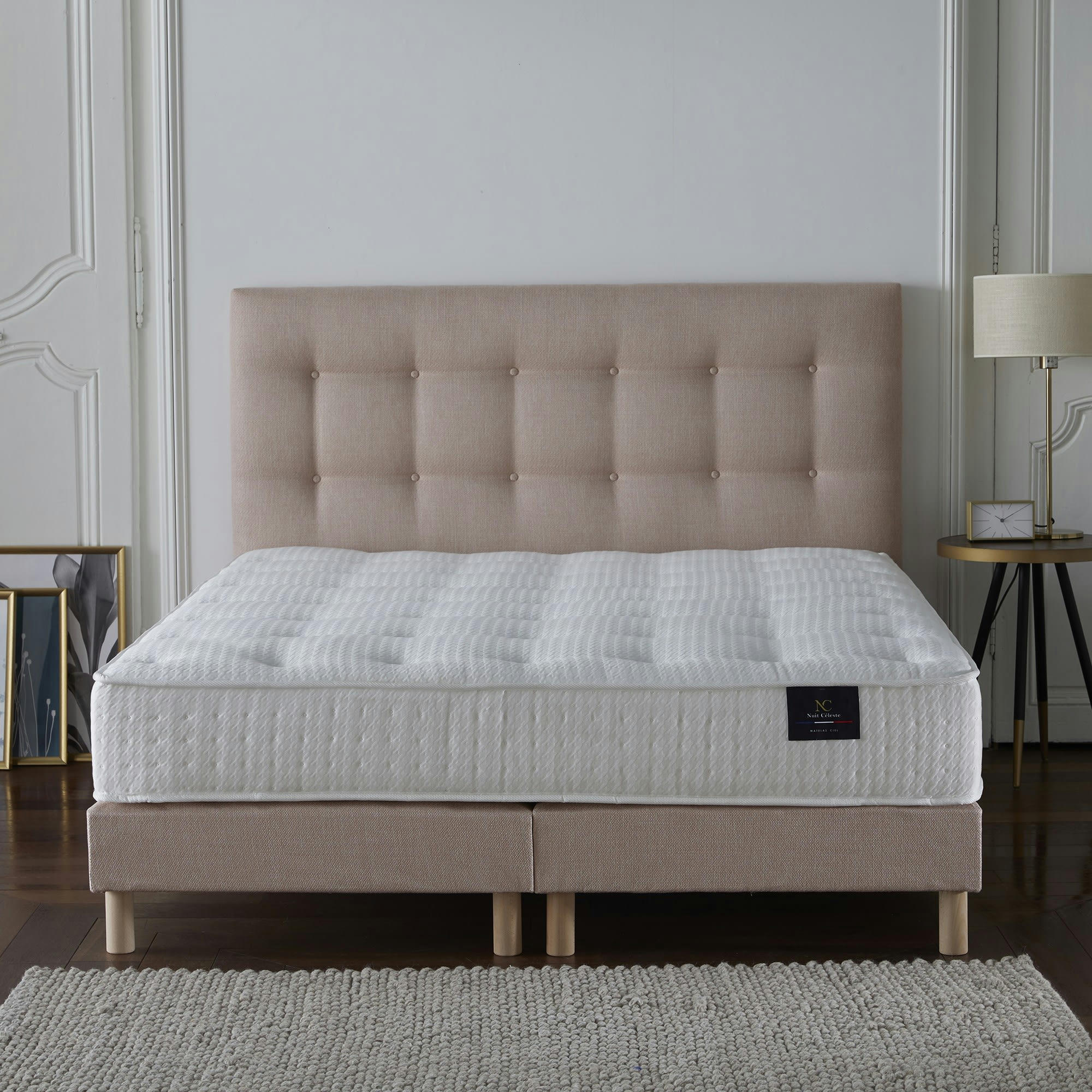 COMETE - Ensemble Matelas ressorts ensachés + sommier Rose poudré 140x190