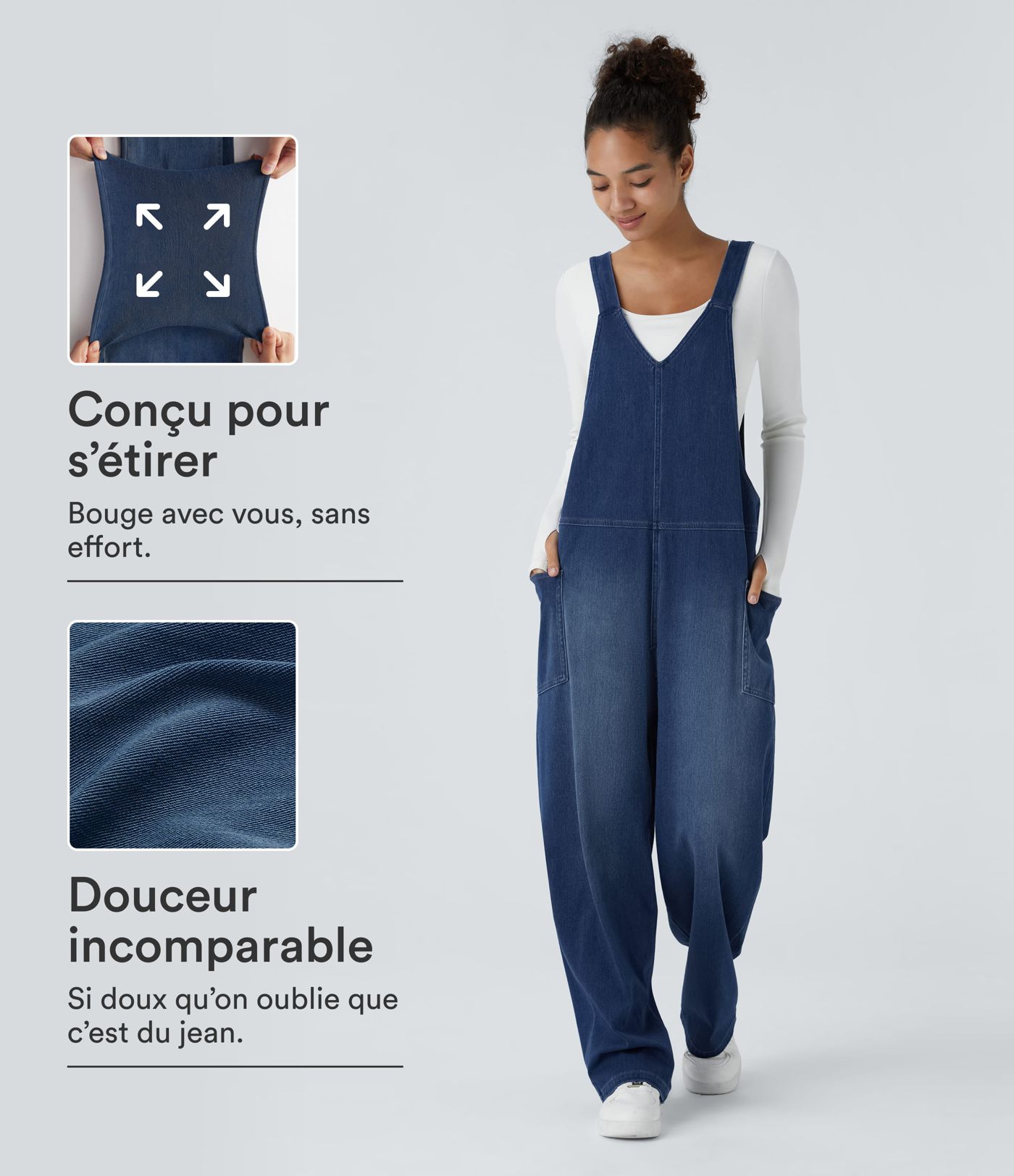 Salopette décontractée Halara Flex™ en denim extensible délavé, col V et poches latérales
