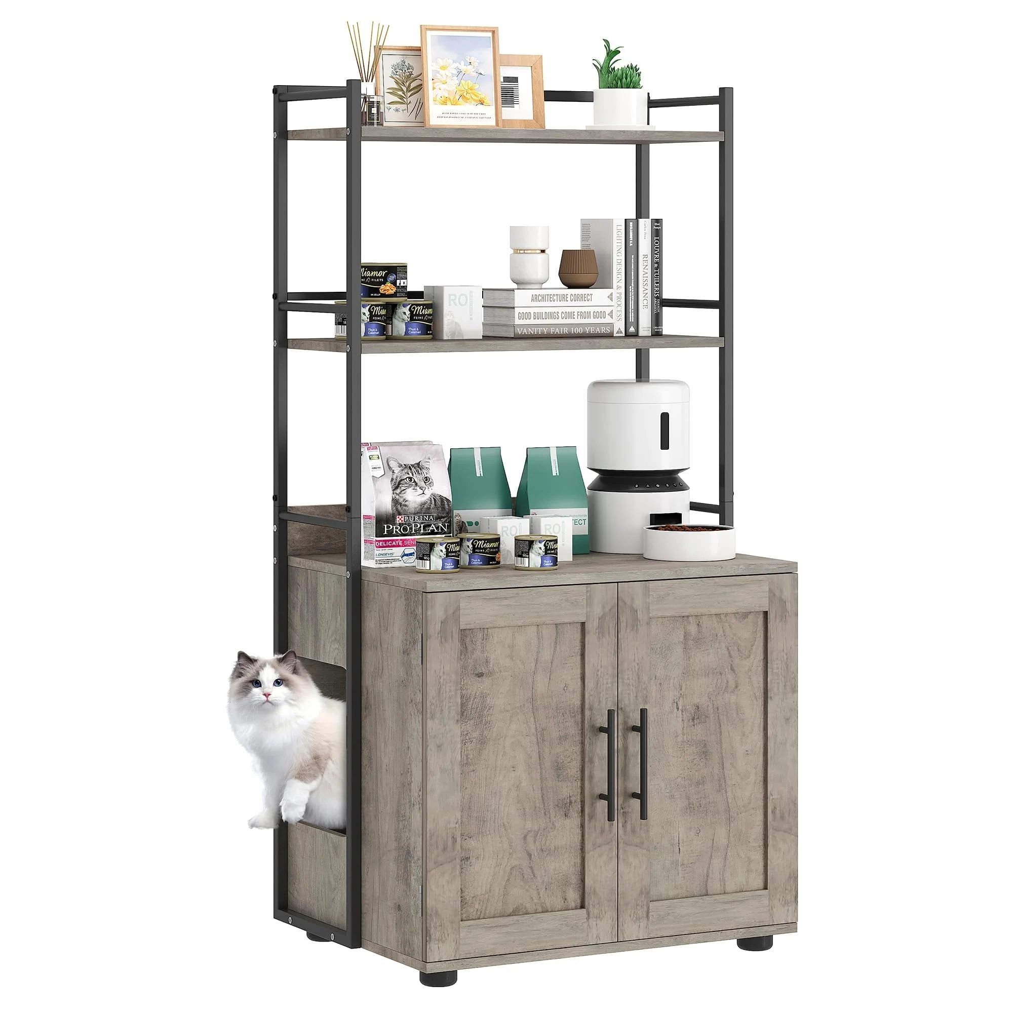 2-in-1 Cat Litter Box Enclosure with with 3 Shelves and Door