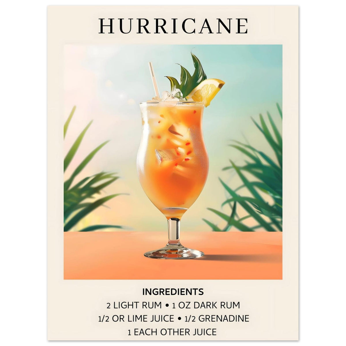 Artfulprints Poster Hurricane cocktail - Ingrediënten  - 30x40 cm - Meerkleurig
