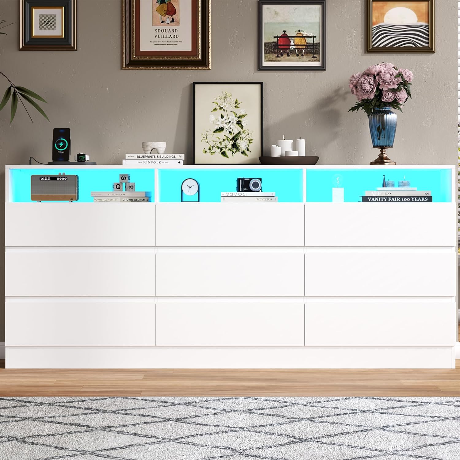 Drawer Dresser for Bedroom with Power Outlet, White Dressers with LED Light, Dresser Chest of Drawers for Closet, Wooden Dressers Organizer Cabinet for Living Room, Entryway, Hallway (White 9 Drawers)