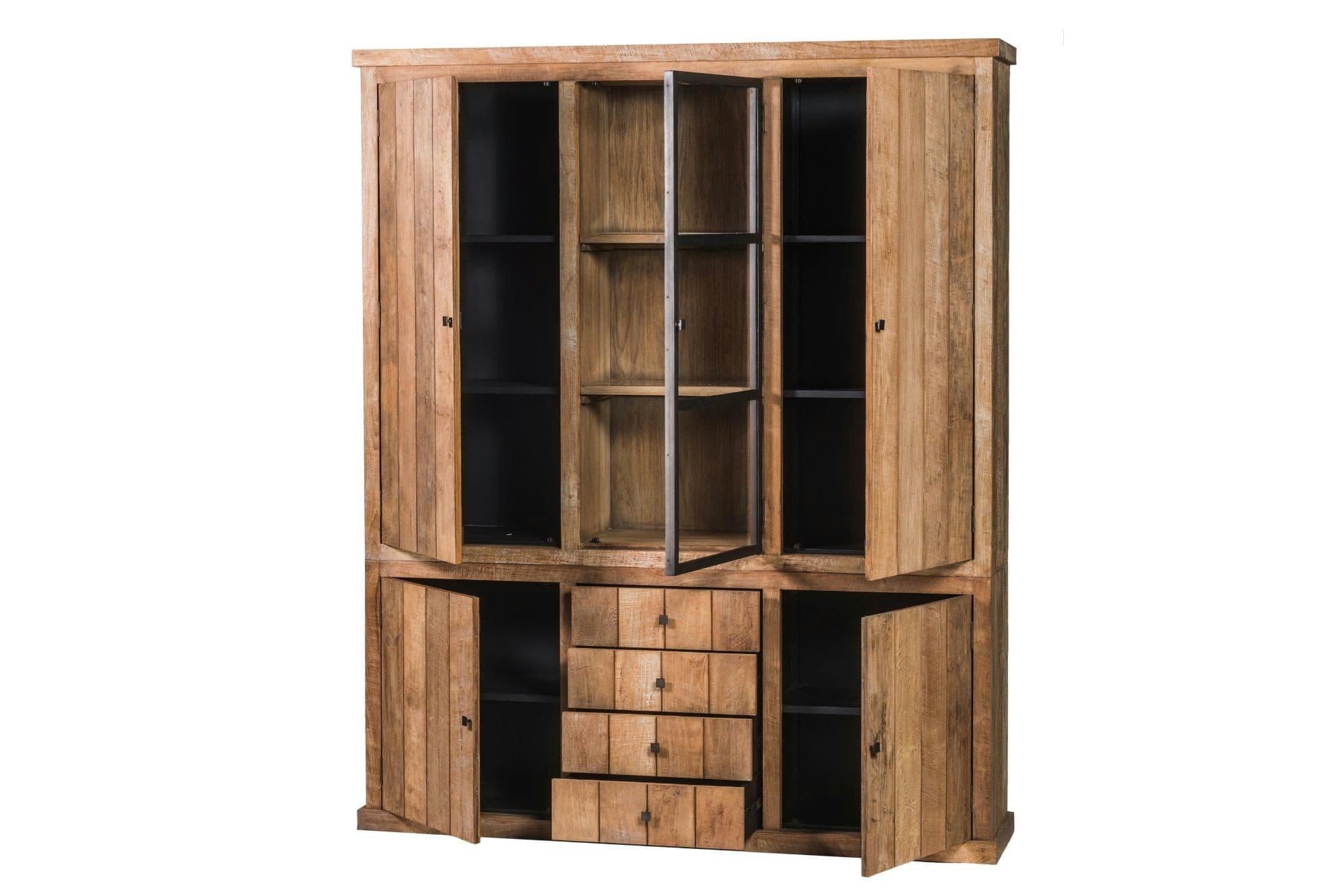 LINAS - Buffet vaisselier en bois recyclé 3 portes 4 tiroirs éclairage LED