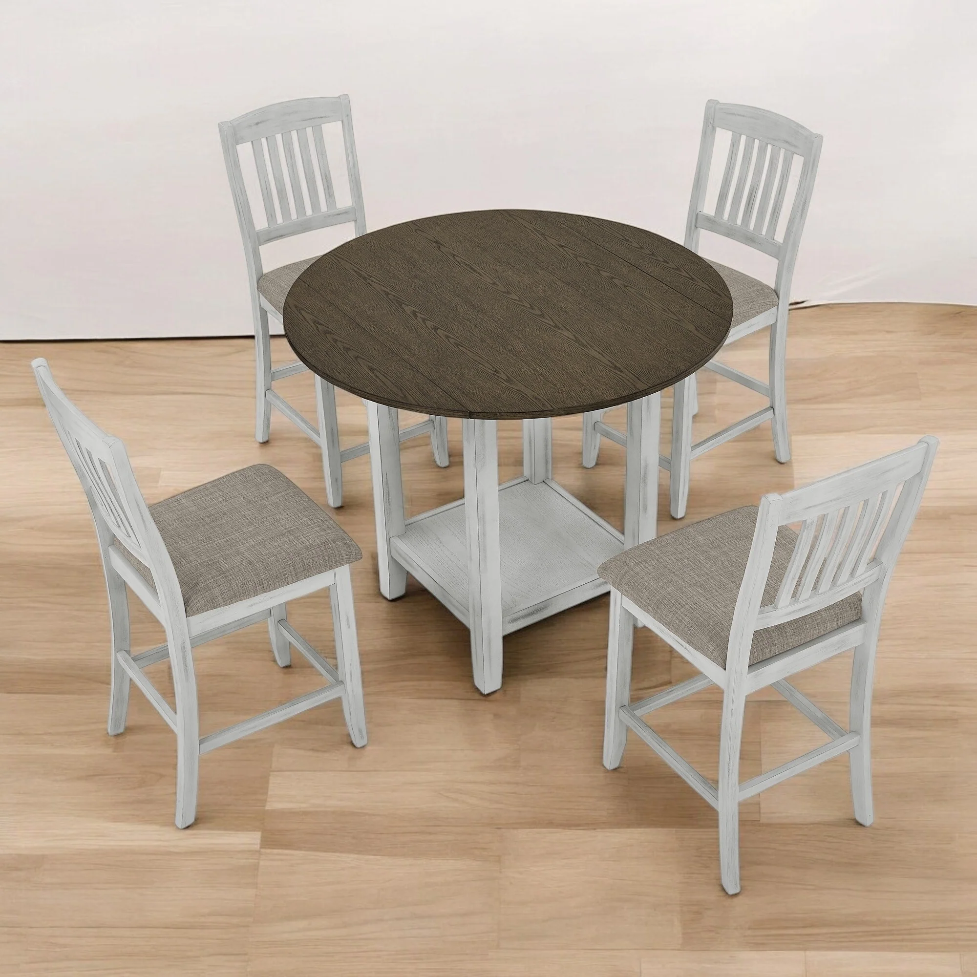 Space-Saving Foldable Dining Table with Storage and 4 Chairs, Solid Wood 4-Person Table for Kitchen and Living Room