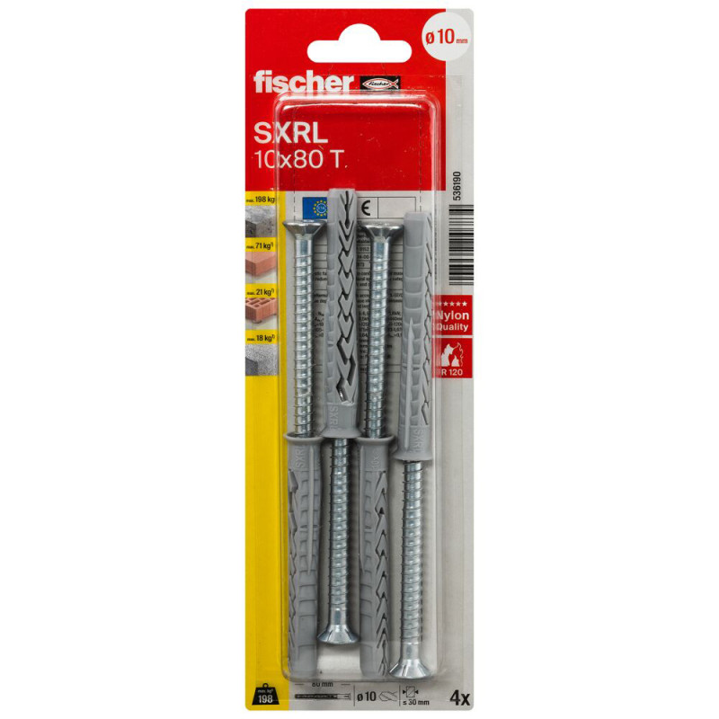 Cheville SXRL-T pour ossatures et cadres avec vis à tête fraisée Ø 10 x 80 mm 4 pièces