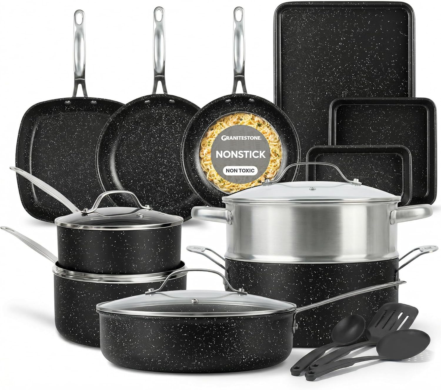 GRANITESTONE 20 Pc Complete Pots and Pans Set Non Stick Cookware Set with Saute Pan, Bakeware, Steamer, Cooking Utensils, Made Without PFOA PFOS, Oven and Dishwasher Safe