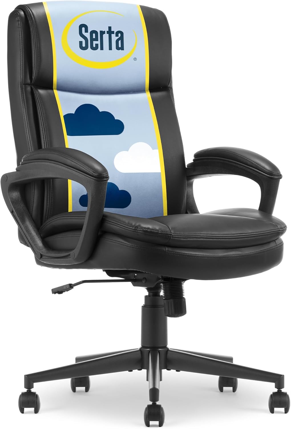 Serta Comfort Ergo Executive Office Chair, Ergonomic Mid-Back Design with Lumbar Support, Semi-Plush Double-Layer Seat Cushion, Padded Armrests, Swivel Metal Base, Bonded Leather, Black