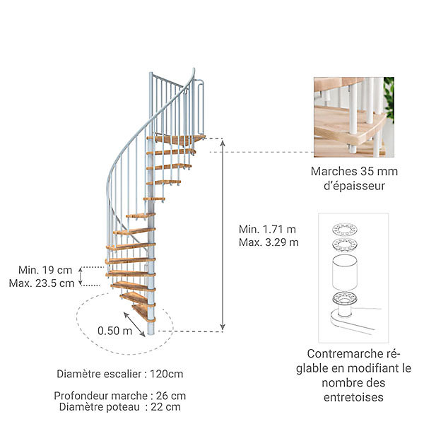 Escalier colimaçon 9 marches - Hauteur à franchir 1.71 à 2.12m - Diamètre 120cm - Structure blanche et marche hêtre - BERL120-BH-9