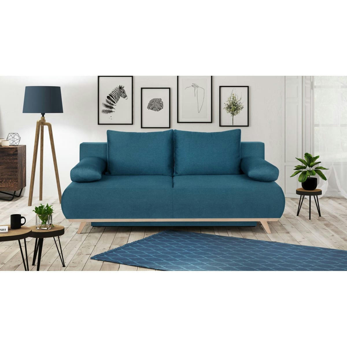 LARIA - Canapé convertible 3 places avec coffre de rangement tissu bleu canard