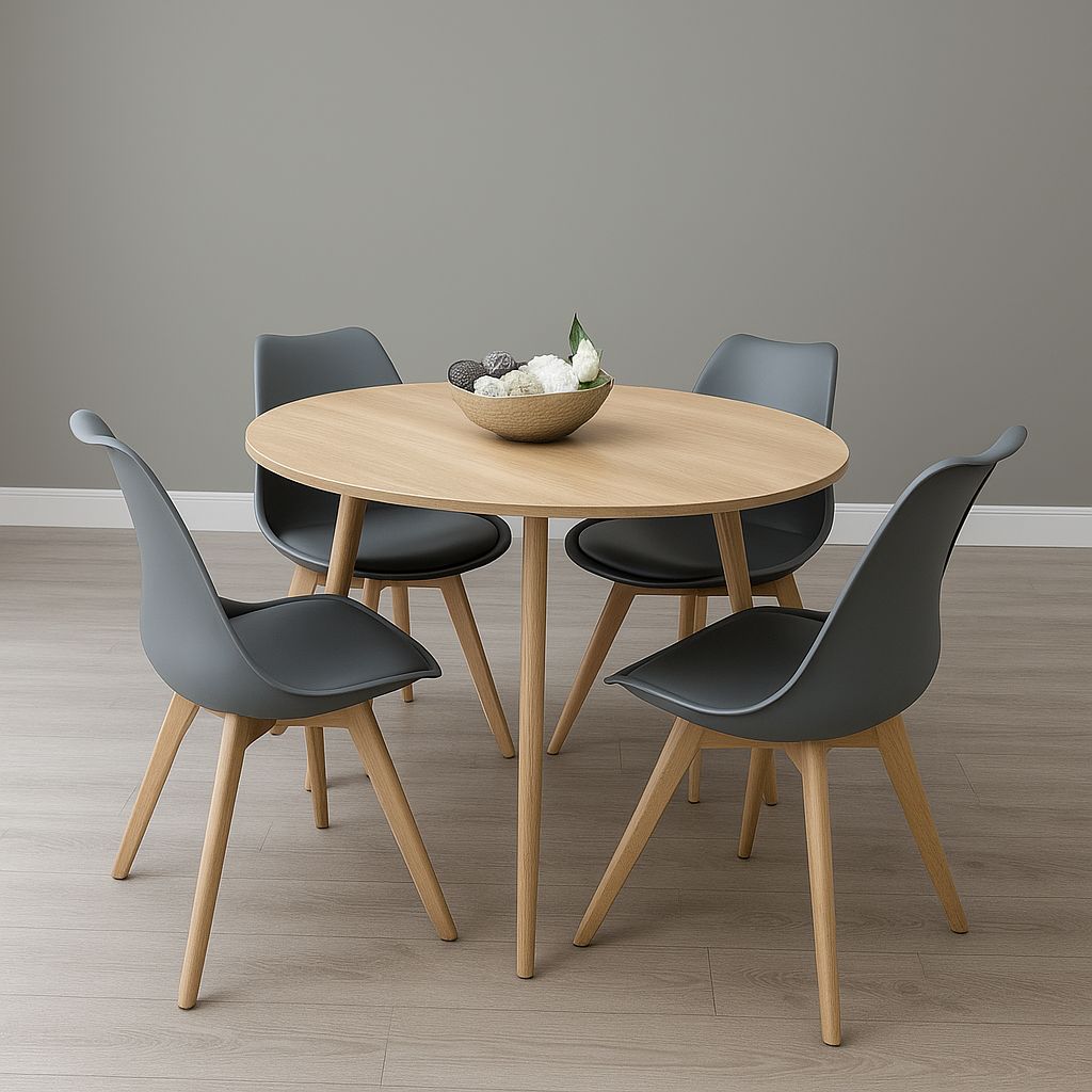 KOSY KOALA Modern Round Dining Table Set With 4 Grey Plastic Chairs