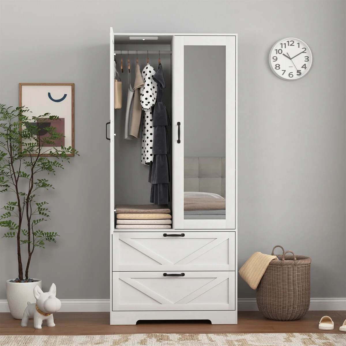 Wood 2-Door Wardrobe with Mirror, Hanging Rod and 2 Drawers
