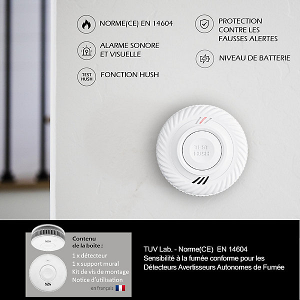 Détecteur de fumée connecté WIFI - CE EN14604 - Pile 10 ans scelléeet Kit de fixation magnétique