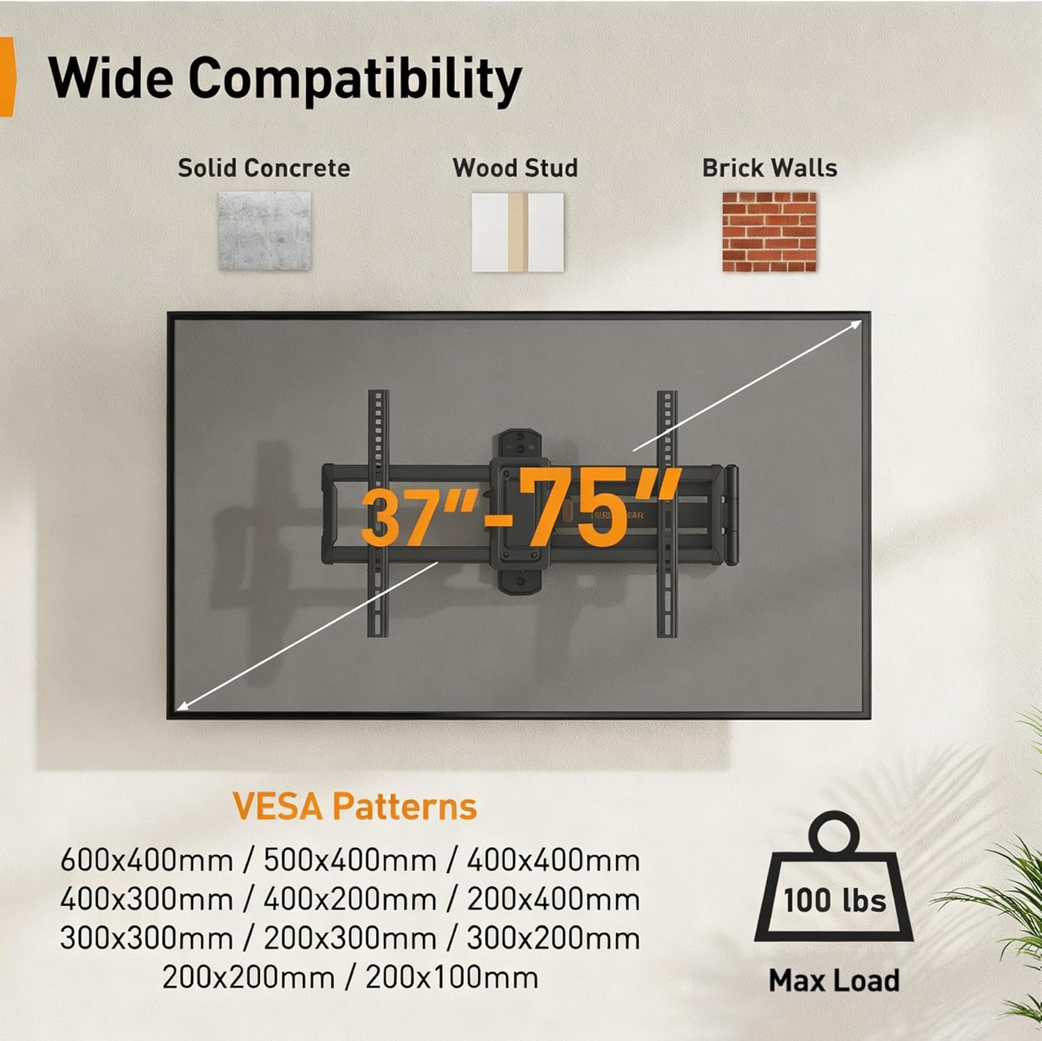 Perlegear Corner TV Wall Mount Long Arm TV Mount Bracket for 37-75 Inch TVs-Full Motion Wall Mount with 32.37” Extension & Swivel Articulating Arm & Tilt, MAX VESA 600x400mm, Holds up to 100 lbs
