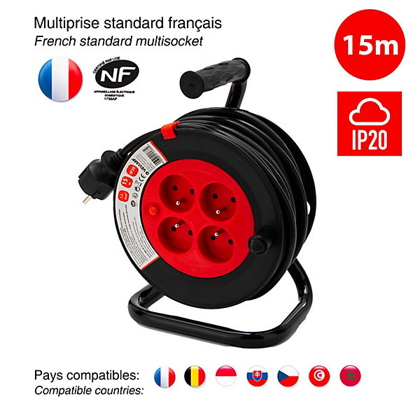 Enrouleur bricolage, 4 prises, 15 mètres, 3G1.5mm2, NF