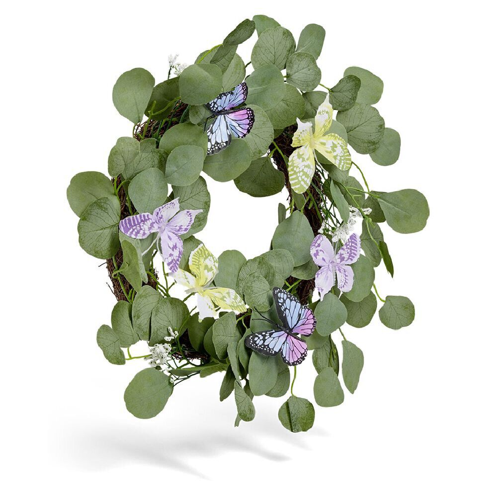 Couronne déco printemps eucalyptus artificiel et papillons Ø45cm