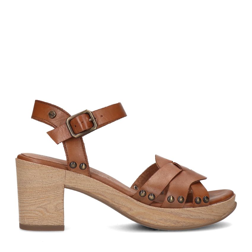 No Stress Cognac leren sandalen met blokhak