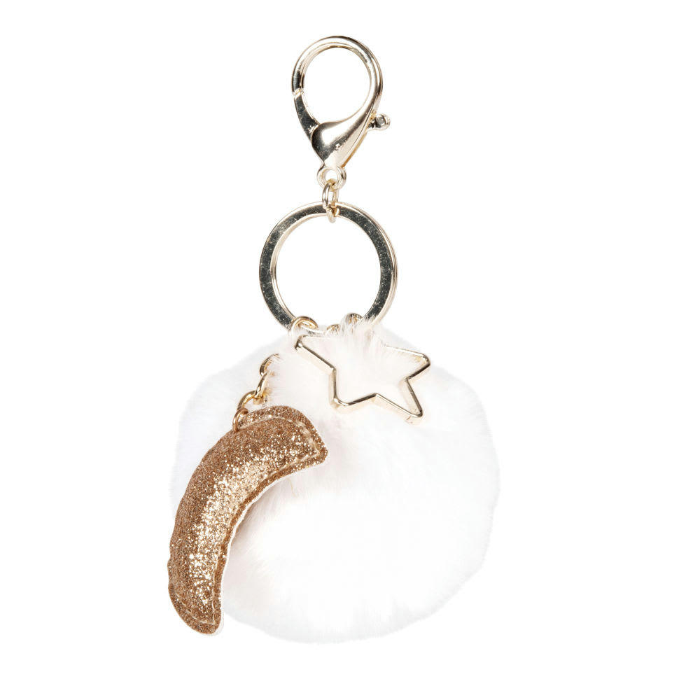 GIRLY - Porte-clés lune, étoile et pompon blanc et doré