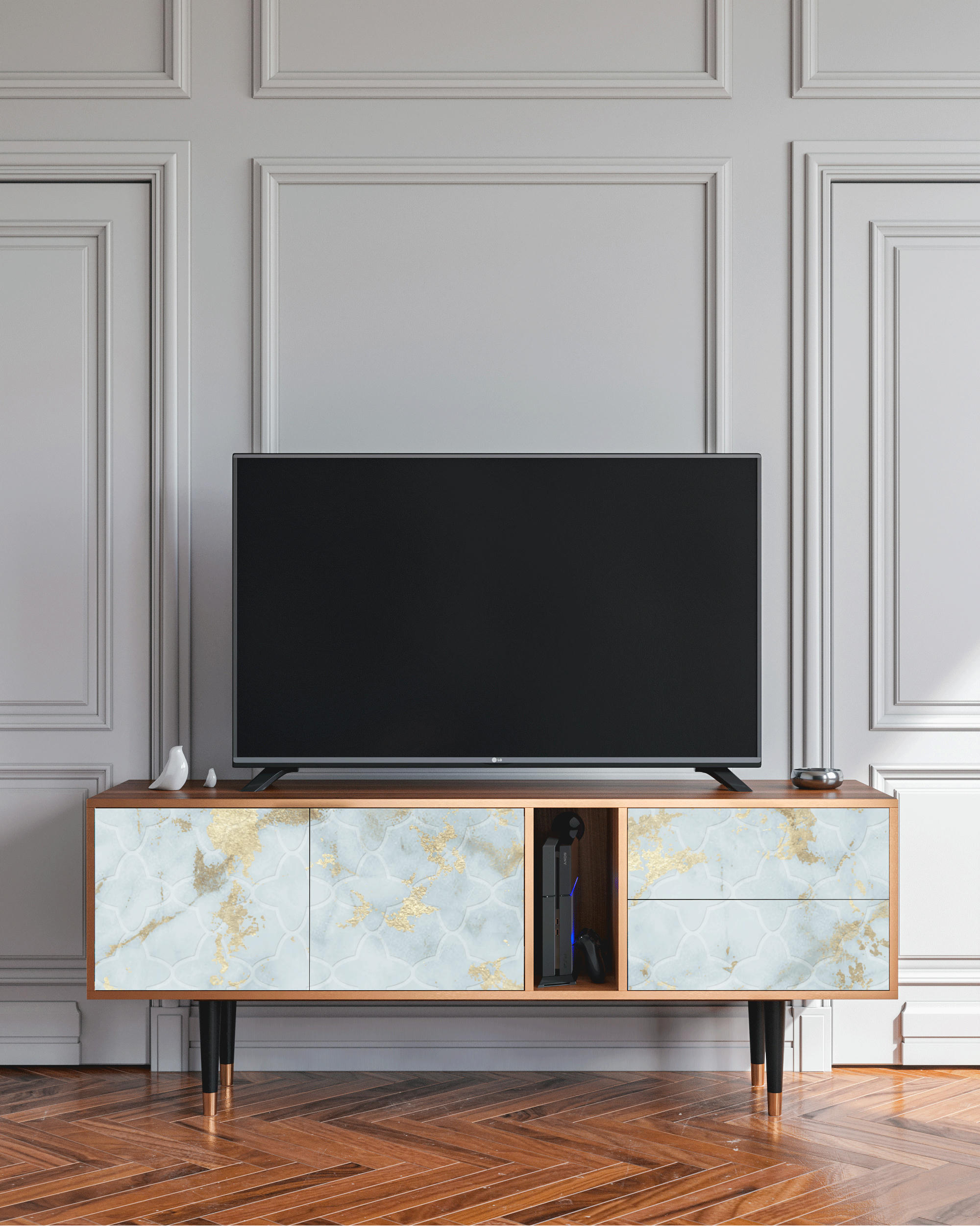 GOLDEN WAVES - Meuble TV  blanc clair 2 tiroirs et 2 portes L 170 cm