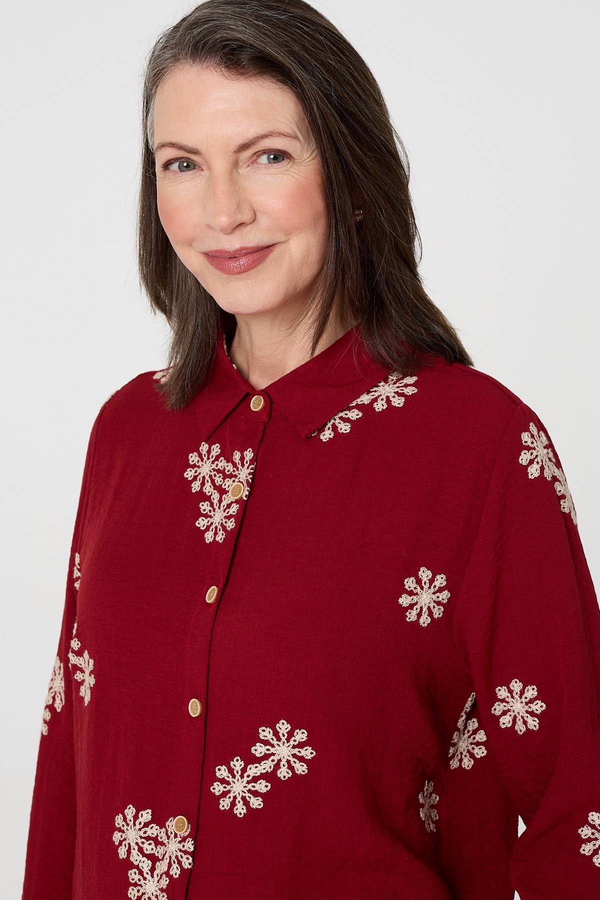 Izabel London Snowflake Embroidered Long Sleeve Shirt