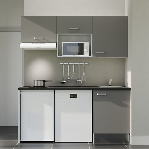 Kitchenette K55 - 180 cm - Façades : Gris - Plan de travail : Noir - Crédences : Non - Evier