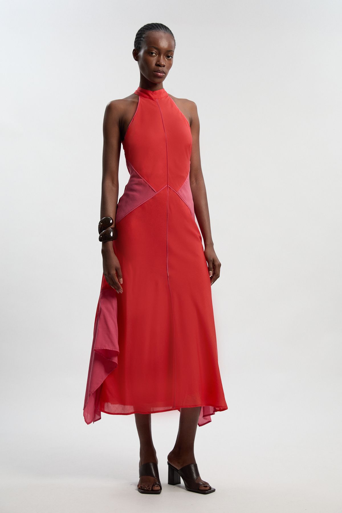 KarenMillen Colour Block Fluid Tencel Halter Neck Woven Maxi Dress