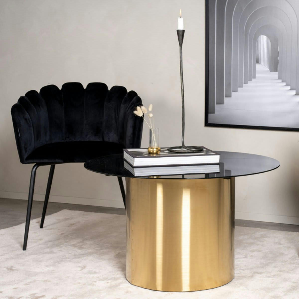 MAELLE - Table basse ronde en or avec plateau en verre