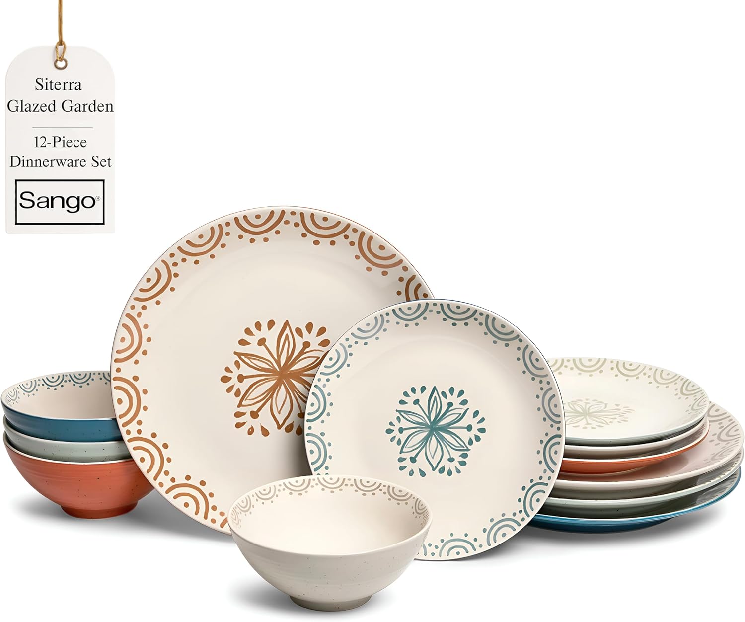 Sango 12-Piece Speckled Stoneware Dinnerware Set for 4- Glossy Plates and Bowls Set with Hand-Painted Floral Pattern, Rustic Ceramic Dish Set, Elegant Dishes for Everyday Dining, Siterra Glazed Garden